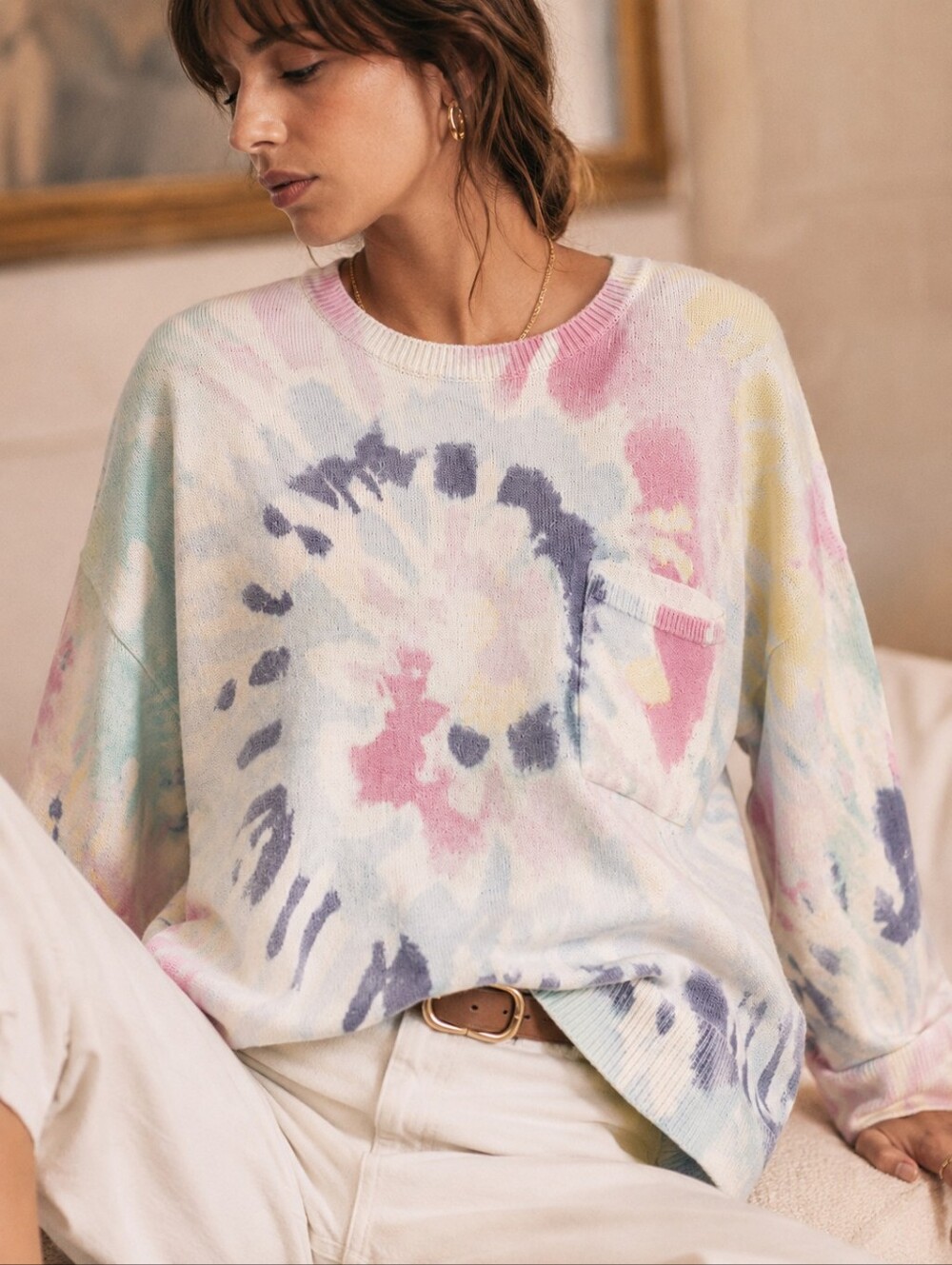 Oui Pastel Tie Dye Cotton Pocket Knit Sweater